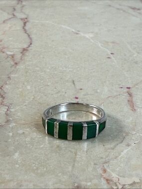 Navajo 925 Silver Green Inlay Band Ring - Women Jewelry, Size 7
